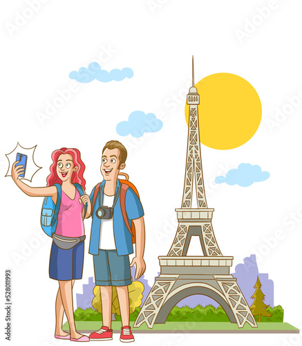 vector illustration of young couple taking selfie at eiffel tower
