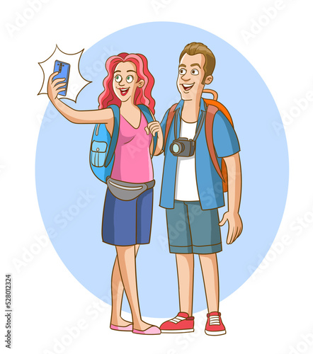 young couple going on vacation taking selfie vector illustration