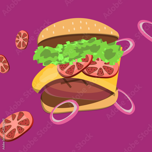 Jumping Burger ads, delicious and attractive hamburger with refreshing ingredients  illustration drawn vector