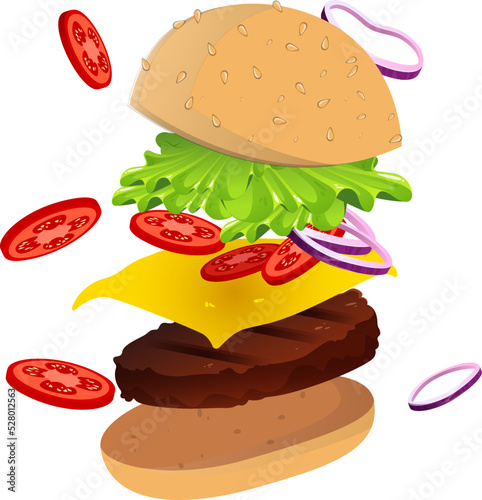 Jumping Burger ads, delicious and attractive hamburger with refreshing ingredients  illustration drawn vector