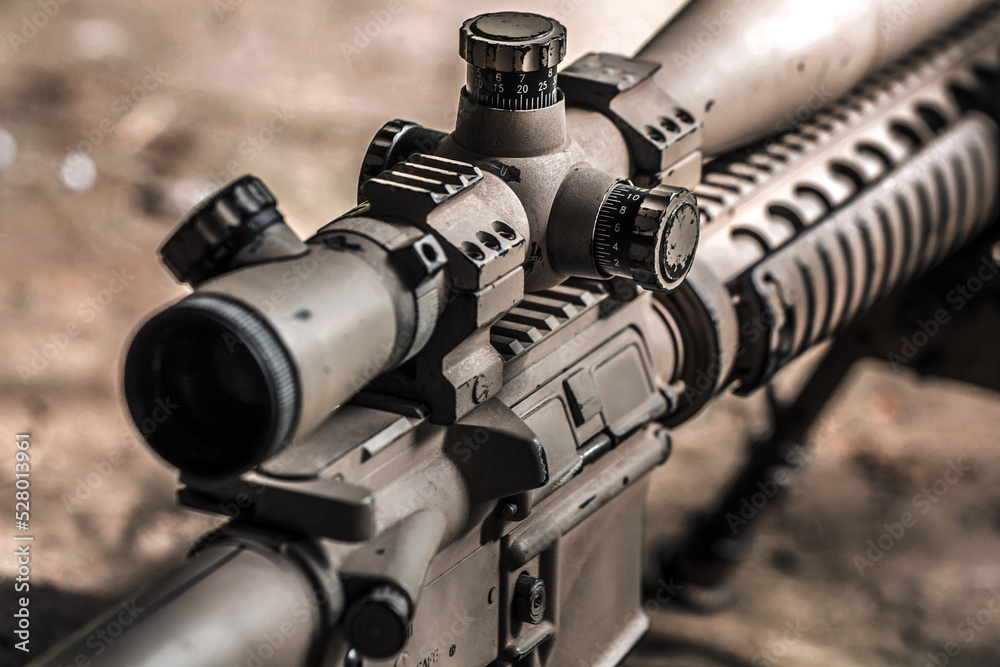 Optical sight close-up, the concept of hunting, sight range adjustment scope. Optical sight close-up, the concept of hunting, sight range adjustment scope.