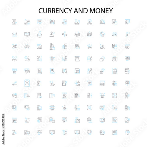 currency and money icons, signs, outline symbols, concept linear illustration line collection