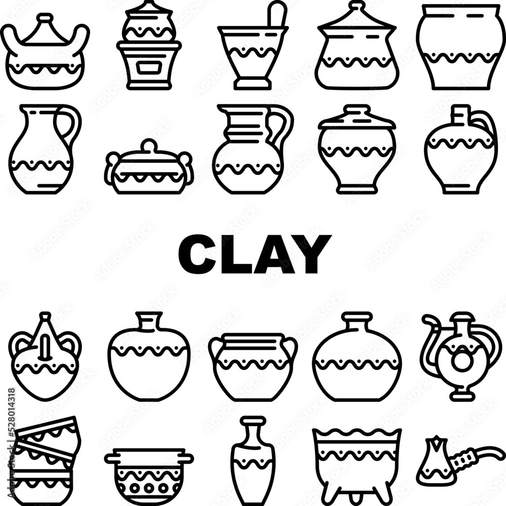 clay pot ceramic pottery bowl icons set vector. traditional vase food, old art, ancient earthware, craft jug, kitchen brown dish clay pot ceramic pottery bowl black contour illustrations clay pot ceramic pottery bowl icons set vector. traditional vase food, old art, ancient earthware, craft jug, kitchen brown dish clay pot ceramic pottery bowl black contour illustrations