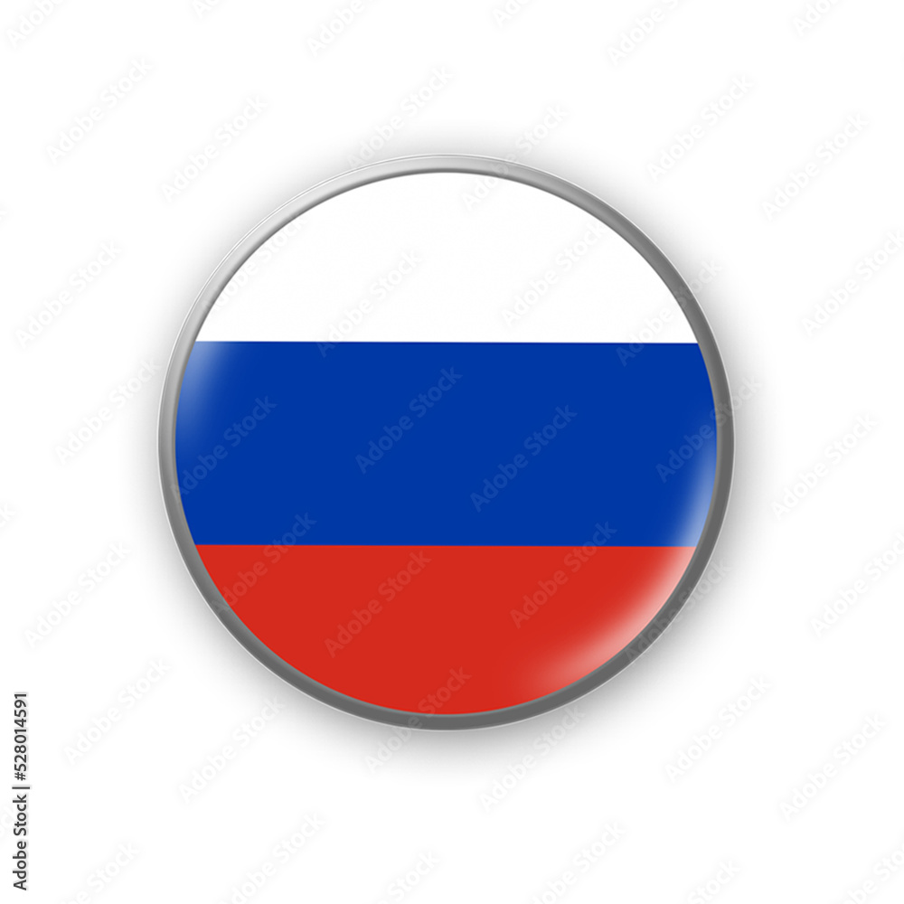 Russia flag. Round badge in the colors of the Russia flag. Isolated on white background. Design element. 3D illustration. Russia flag. Round badge in the colors of the Russia flag. Isolated on white background. Design element. 3D illustration.