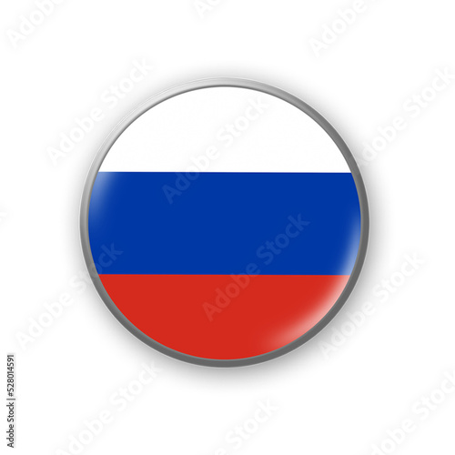 Russia flag. Round badge in the colors of the Russia flag. Isolated on white background. Design element. 3D illustration.
