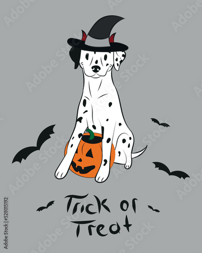 Dog Halloween greeting card with the dalmatian. Dog in costume, pumpkin in paw. Postcard for dog lovers.
