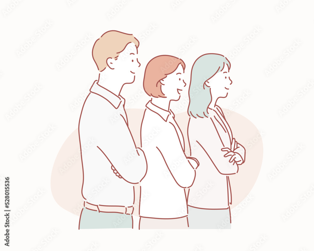 Confident team of three business people partners standing with arms crossed. Hand drawn style vector design illustrations. Confident team of three business people partners standing with arms crossed. Hand drawn style vector design illustrations.
