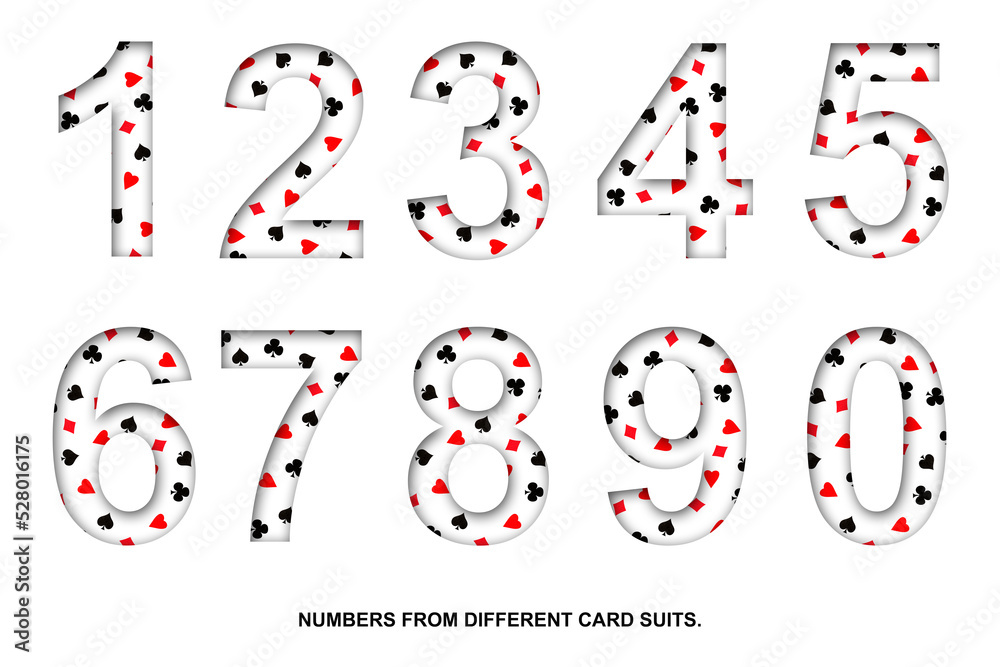 Set, digits, from various card suits. Shadow. Isolated on a white background. Decorative font. Gambling. Design Set, digits, from various card suits. Shadow. Isolated on a white background. Decorative font. Gambling. Design