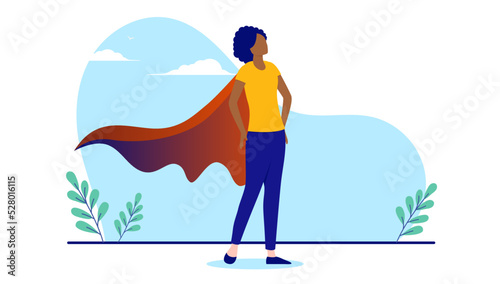 Superhero woman - Black superwoman character standing proud and being the best, in casual clothes and hero cape. Flat design vector illustration with white background