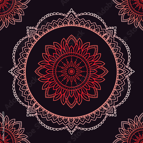 Seamless vector pattern with handdrawn Beautiful Deco Colored contour Mandala. isolated on a black purple background. Perfect for printing on fabric or paper.
