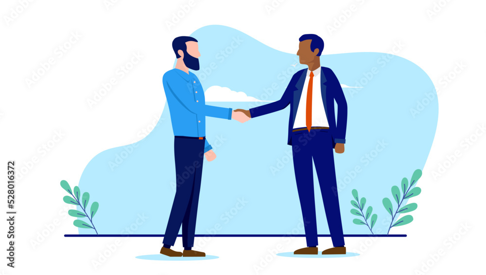 Diverse business handshake - Two businesspeople with different ethnicities shaking hands over deal and agreement. Flat design vector illustration with white background Diverse business handshake - Two businesspeople with different ethnicities shaking hands over deal and agreement. Flat design vector illustration with white background