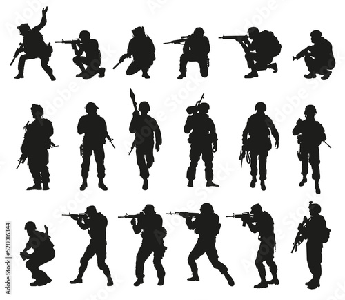 Valokuva Army soldiers drawn in silhouettes, vector collection.