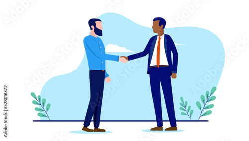 Diverse business handshake - Two businesspeople with different ethnicities shaking hands over deal and agreement. Flat design vector illustration with white background