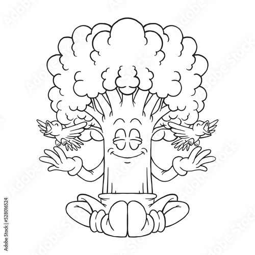 Coloring illustration of cartoon meditating tree mascot