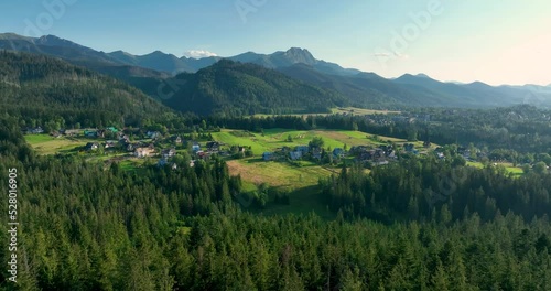 Aerial view of the Tatra Mountains. Drone flight over the Tatra Mountains with a view of the mountain peaks. High rocky mountains.