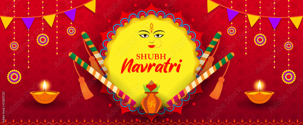 Shubh Navratri(Happy Navratri) banner vector illustration. Goddess  Mahadevi, Dandiya sticks and kalash(pitcher pot) on red Indian pattern  background. Stock Vector | Adobe Stock