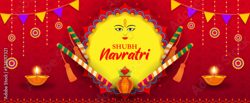 Shubh Navratri(Happy Navratri) banner vector illustration. Goddess Mahadevi, Dandiya sticks and kalash(pitcher pot) on red Indian pattern background.