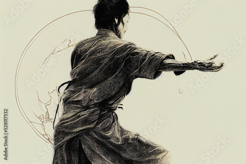 Illustration of Tai chi master performing slow and relaxing wushu, digital illustration photo