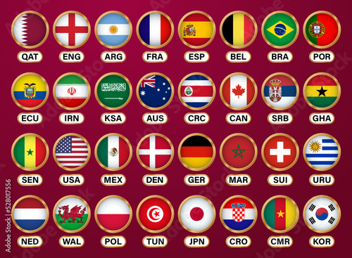 Badges of the national flags of the participating countries of the 2022 World Campionship with the signature. Flags in a round gold frame
