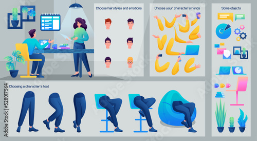 Stylized Character, Male manager processes the database of data. Set for Animation. Use Separate Body Parts to Create An Animated Character. Set of Emotions, Hairstyles, Hands and Feet