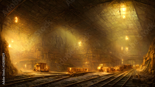 Artistic concept painting of a gold mine and small gold nuggets, background illustration.