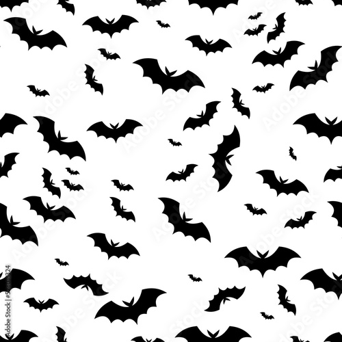 Fototapeta Naklejka Na Ścianę i Meble -  Seamless pattern with silhouettes of bats. Halloween pattern. Black bats on a white background. Simple style, vector illustration.