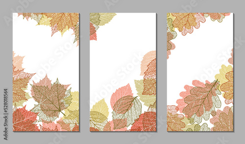 Floral vector templates with autumn leaves. Plant print for holiday stories, greeting cards, banners. Natural trendy web-design. Set of textured backgrounds. Botanical art.