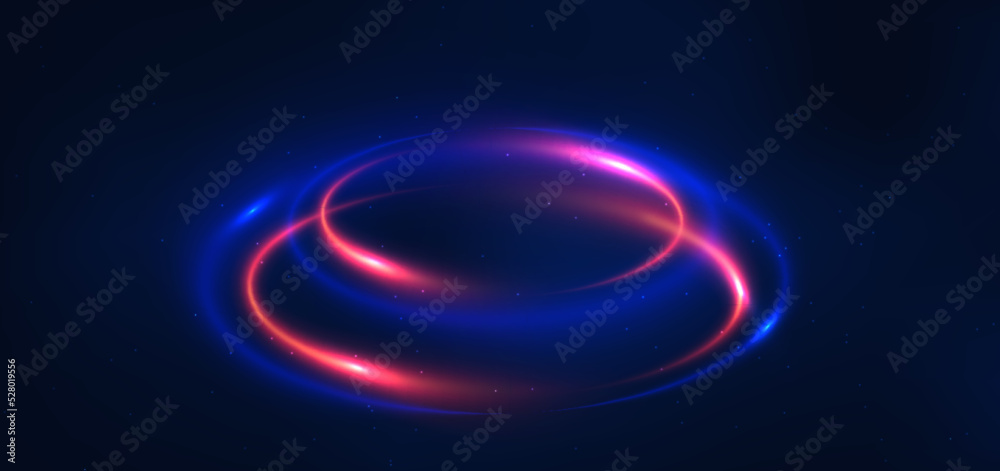 Abstract technology futuristic glowing blue and red light curve lines with speed motion blur effect on dark blue background. Abstract technology futuristic glowing blue and red light curve lines with speed motion blur effect on dark blue background.