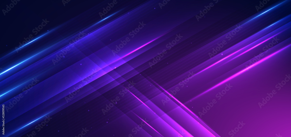 Abstract technology futuristic glowing blue and purple light lines with speed motion effect on dark blue background.