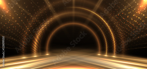 Elegant golden stage circle glowing with lighting effect sparkle on black background. Template premium award design.
