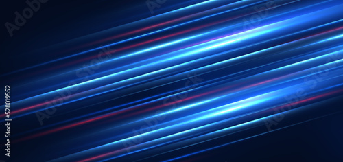 Abstract technology futuristic glowing blue and red light lines with speed motion blur effect on dark blue background.