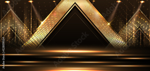 Elegant golden stage vertical glowing with lighting effect sparkle on black background. Template premium award design.