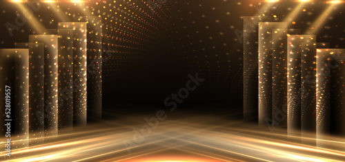 Elegant golden stage diagonal glowing with lighting effect sparkle on black background. Template premium award design.