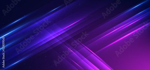 Abstract technology futuristic glowing blue and purple light lines with speed motion effect on dark blue background.