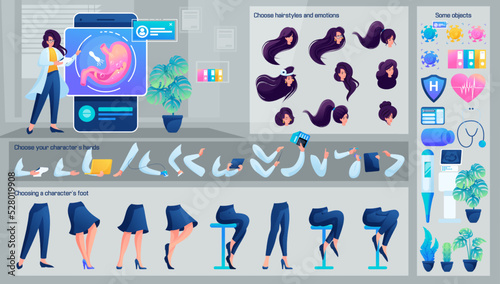 Stylized Character, Female gastroenterologist consults a client. Set for Animation. Use Separate Body Parts to Create An Animated Character. Set of Emotions, Hairstyles, Hands and Feet