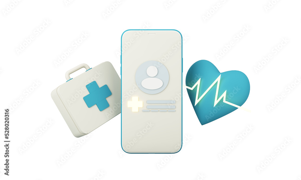 phone screen with patient id, heart disease and heart rate treatments and pills, plaster, first aid box and vaccine bottles and syringes. on blue and red color in concept online health check 3d render phone screen with patient id, heart disease and heart rate treatments and pills, plaster, first aid box and vaccine bottles and syringes. on blue and red color in concept online health check 3d render