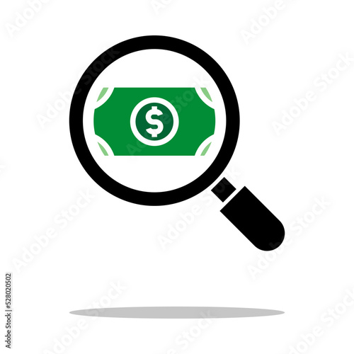 magnifying glass with money symbol, money search icon vector