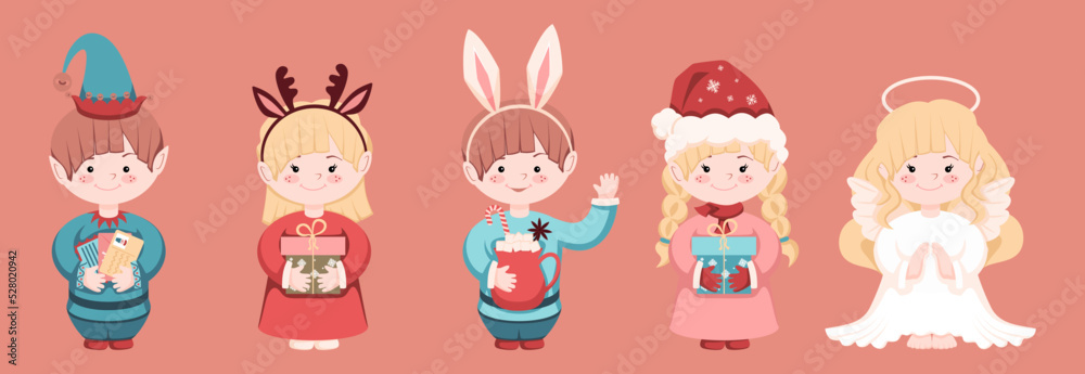 Set of Christmas Characters. Elf with letters, Little girls with gifts in their hands, a happy boy with cocoa and marshmallows, a cute little angel Set of Christmas Characters. Elf with letters, Little girls with gifts in their hands, a happy boy with cocoa and marshmallows, a cute little angel
