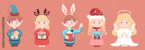 Set of Christmas Characters. Elf with letters, Little girls with gifts in their hands, a happy boy with cocoa and marshmallows, a cute little angel