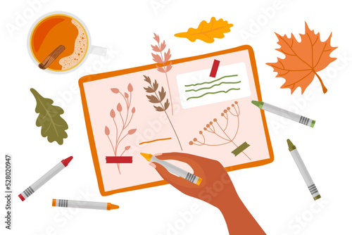Autumn coziness, hot drink, herbarium. Diary with dry plants and inscriptions. Human hand holding pencil and writing. Creative person. Colored flat Vector illustration isolated on white background