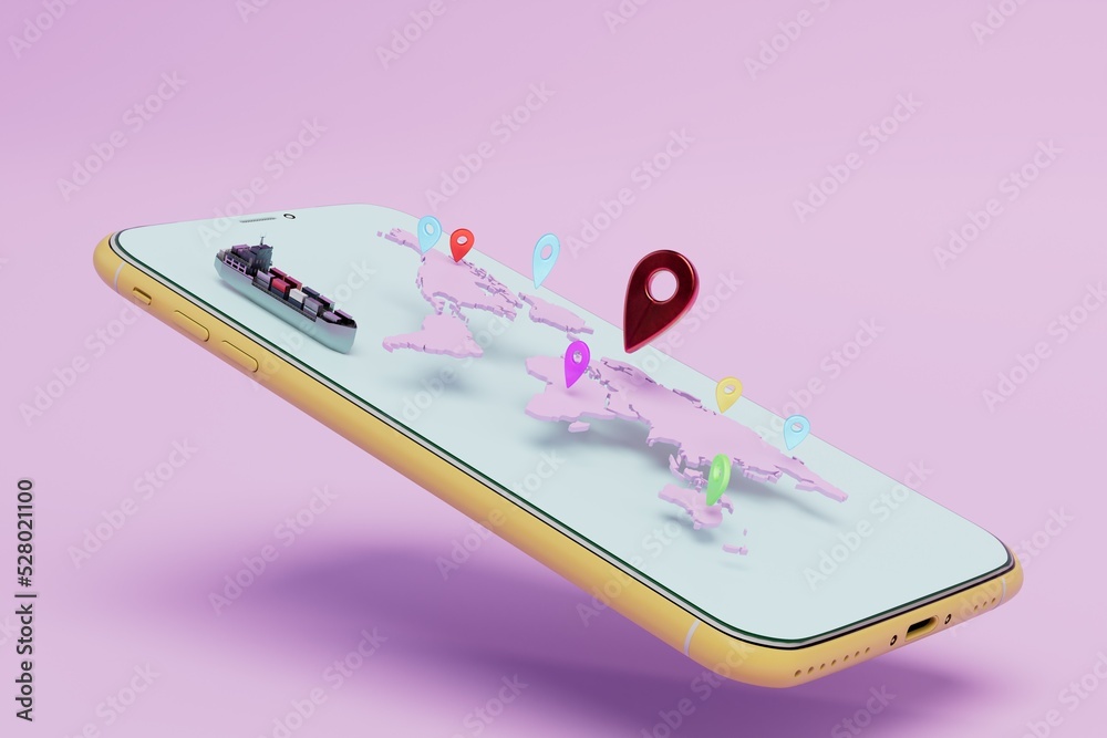 travel around the world. world map and location point in smartphone. 3d render travel around the world. world map and location point in smartphone. 3d render