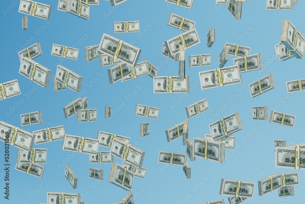 an abstract background consisting of patterns of paper dollars flying across a blue background. 3D render an abstract background consisting of patterns of paper dollars flying across a blue background. 3D render