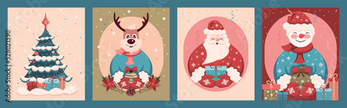 Set of Designs for Christmas and New Year Greeting Cards. Illustration of Santa Claus with a gift, Christmas Tree, Merry Deer, Happy Snowman