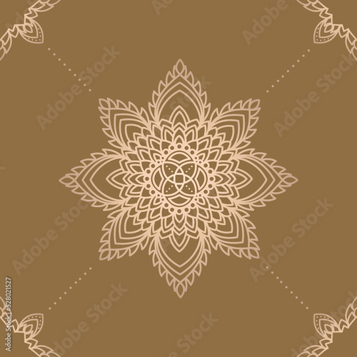 Seamless vector pattern with soft pink creme floral mandala oriental line art design. isolated on a camel colored background. Perfect for printing on fabric, paper, lace pattern and tattoo.