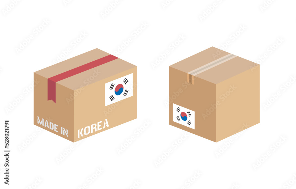 Fototapeta premium box with South Korea flag icon set, cardboard delivery package made in Korea