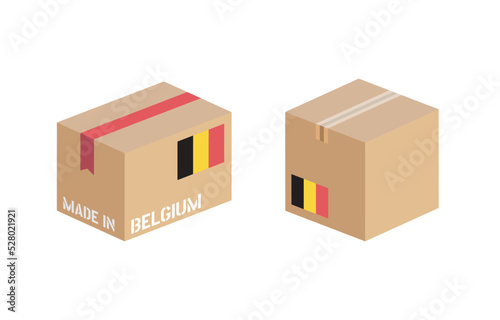 box with Belgium flag icon set, cardboard delivery package made in Belgium