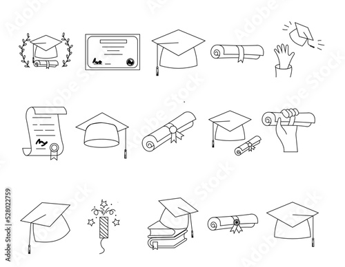 Illustration of graduation icons including icons - student cap, studies, knowledge, books, diploma scroll, university degree. Fine line art about high school education. Editable