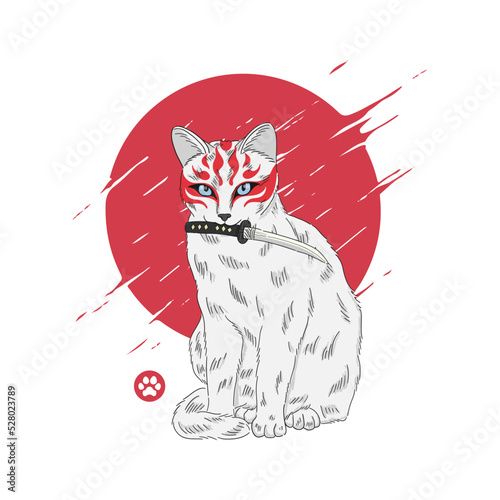 cat with kitsune mask Japan illustration