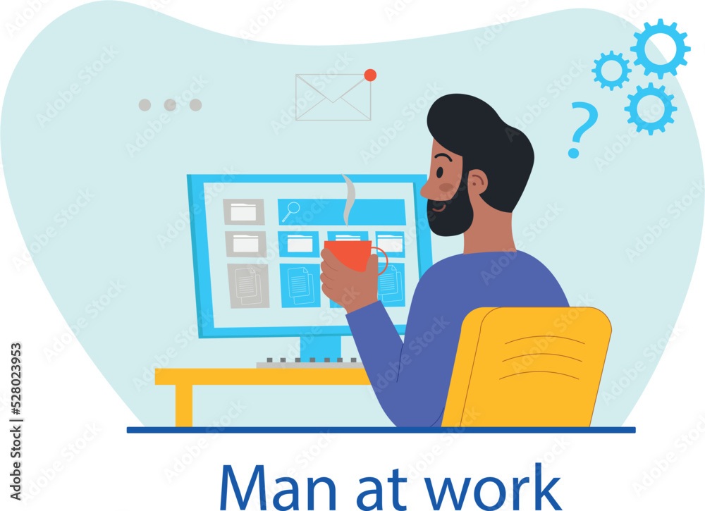 Office work, coworking or freelance concept. Young smiling man working on computer and drinking delicious coffee. Remote employee works at home. Cartoon flat vector illustration in doodle style Office work, coworking or freelance concept. Young smiling man working on computer and drinking delicious coffee. Remote employee works at home. Cartoon flat vector illustration in doodle style