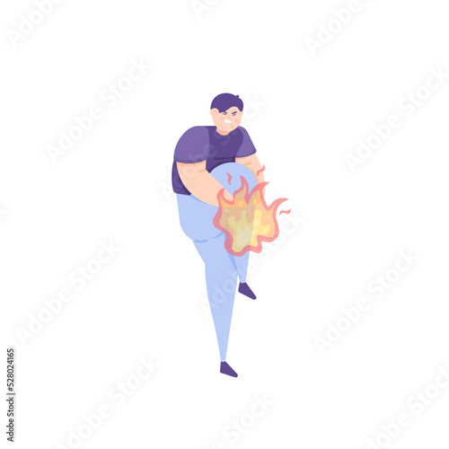 a man felt a burning heat in his legs and knees. symptoms of gout, muscle pain, pinched nerves, neuropathy, diabetes. pain in the legs. body health problems. flat cartoon illustration. character photo